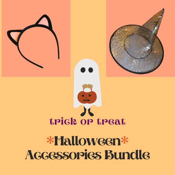 2 pc Halloween Accessories Bundle - Cat Ears & Witch Hat - Picture 1 of 6